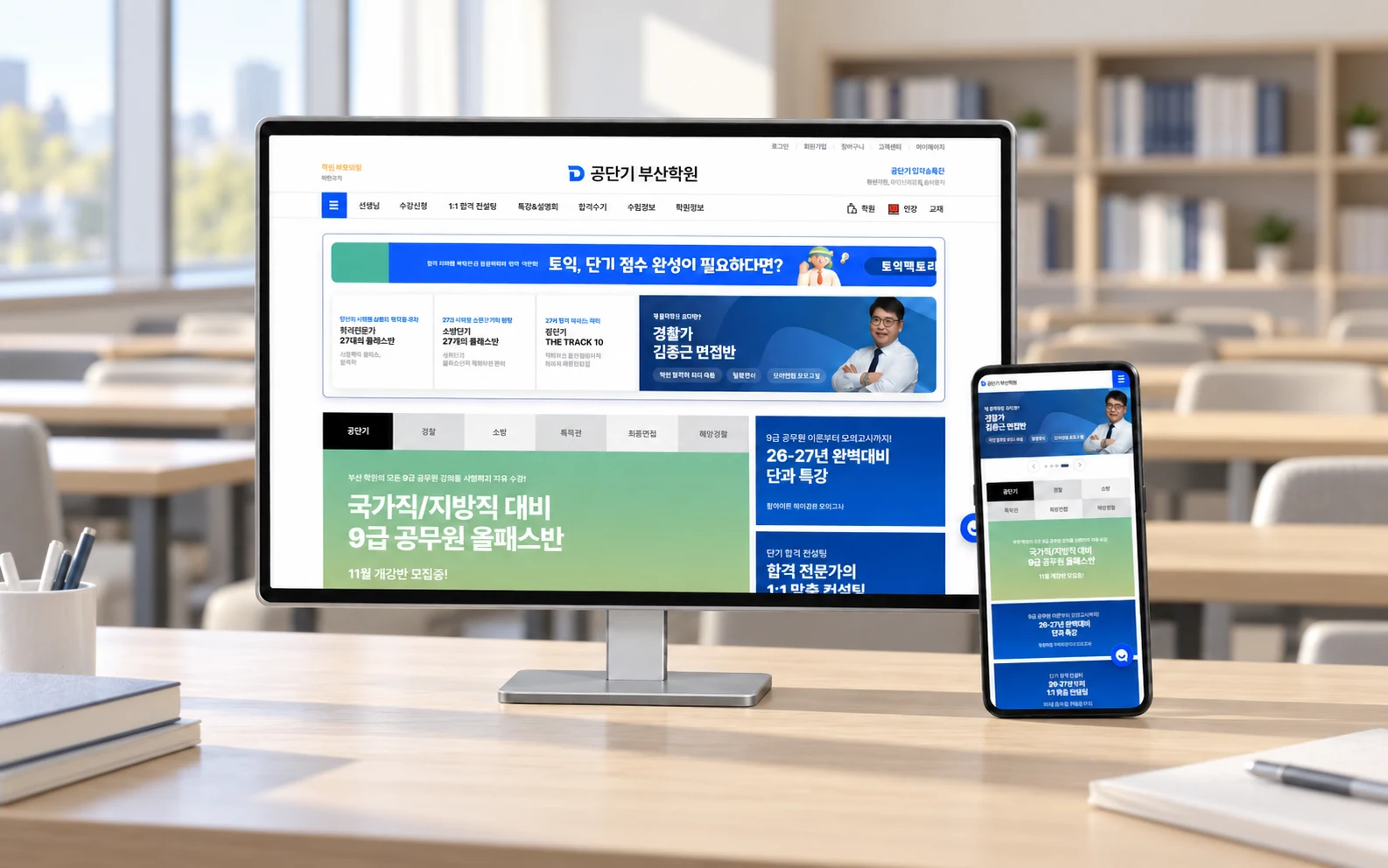 공단기부산학원 공개 서비스 화면을 바탕으로 연출한 프로젝트 목업